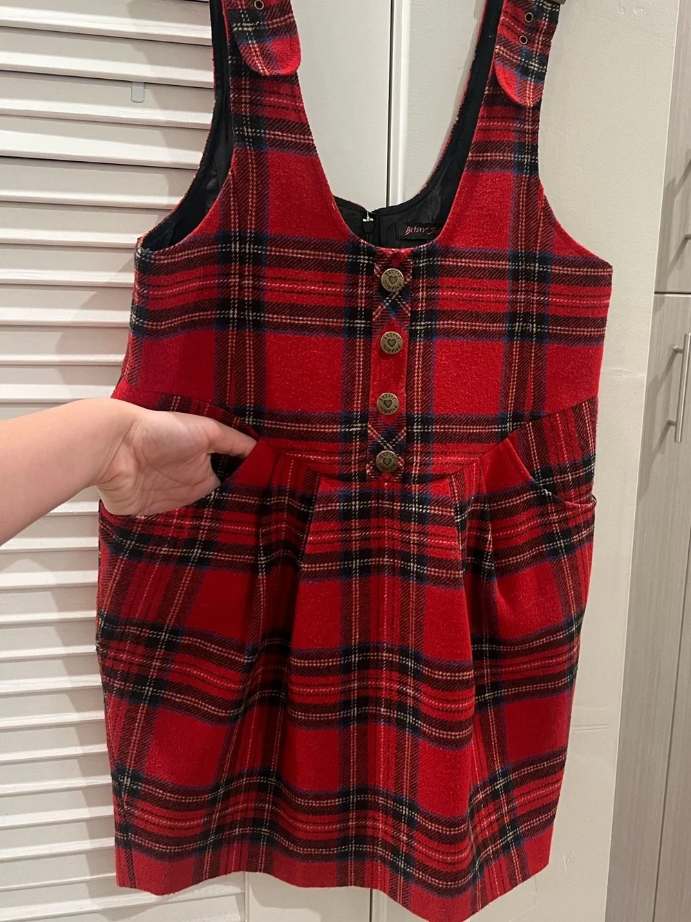VINTAGE 90s Betsey Johnson Black Label Red Plaid Jumper Dress - Size 4 - Picture 2 of 5
